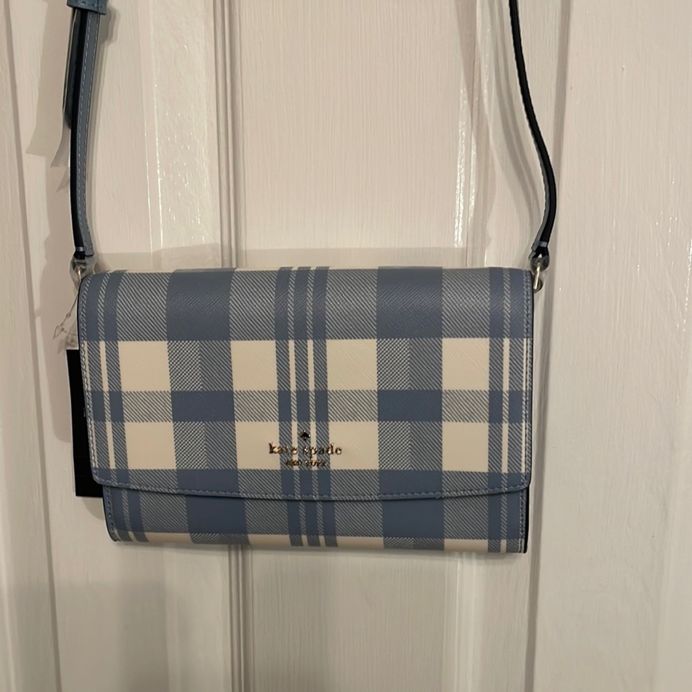 NWT Kate Spade gingham crossbody, blue multi, perry, still in packaging